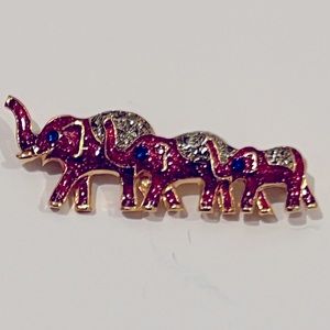 Pink and silver sparkling elephant brooch with 3 elephants